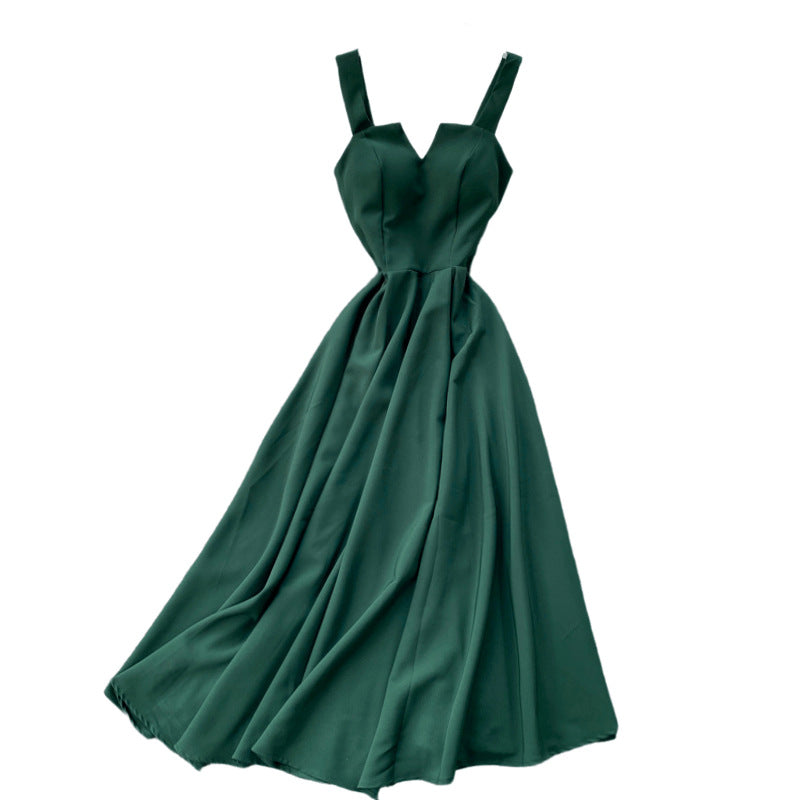 A backless solid color waist V-neck long dress women's dress