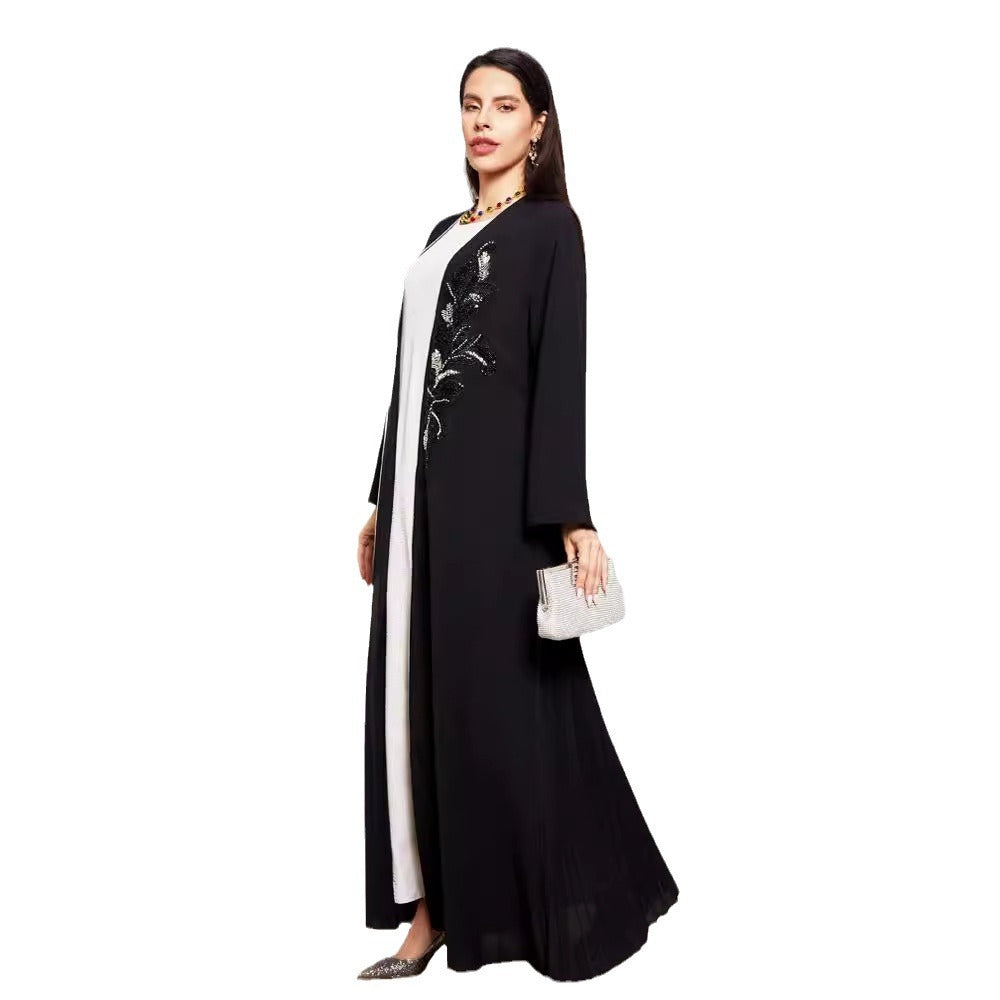 New handmade beaded Middle Eastern Muslim clothing long dress fashionable and elegant cardigan contrasting color dress robe - Mixbatch