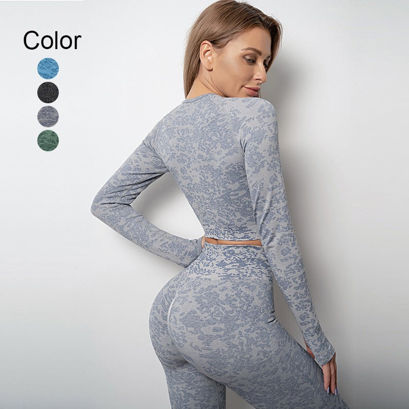 A new outdoor sports yoga top women's seamless long-sleeved yoga clothes vest trousers fitness set wholesale