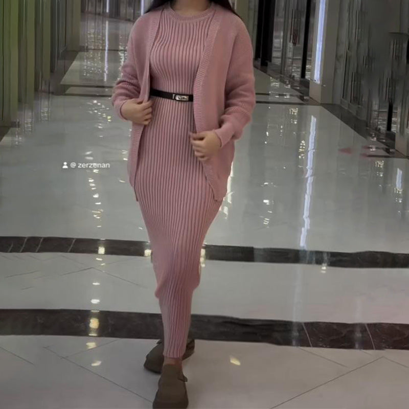 A knitted jacket skirt set with belt