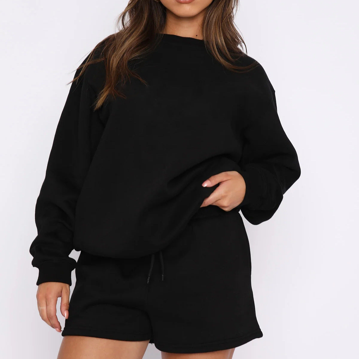 A solid color loose and versatile casual crew neck sweater shorts set - Mixbatch