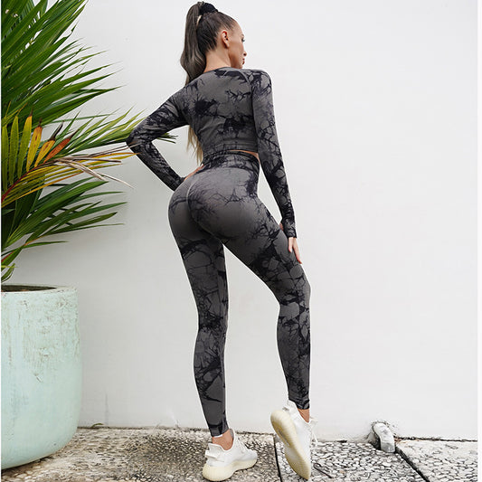A new seamless yoga suit women's cross-border high-waisted hip-lifting yoga pants tie-dye long-sleeved top fitness sportswear set
