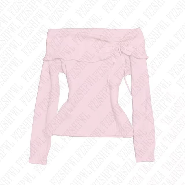A new sexy Spice Girl one-word shoulder slim and thin off-shoulder versatile straps solid color long-sleeved top