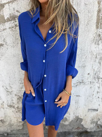 A Cross-border Europe, America, Amazon's new women's clothing casual solid color cotton and linen shorts long-sleeved wrinkled cloth shirt two-piece set