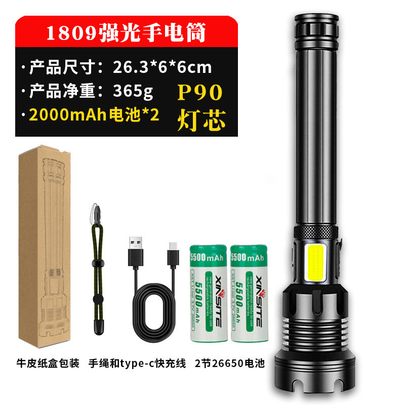 A USB flashlight Outdoor aluminum alloy strong light flashlight, new power display flashlight