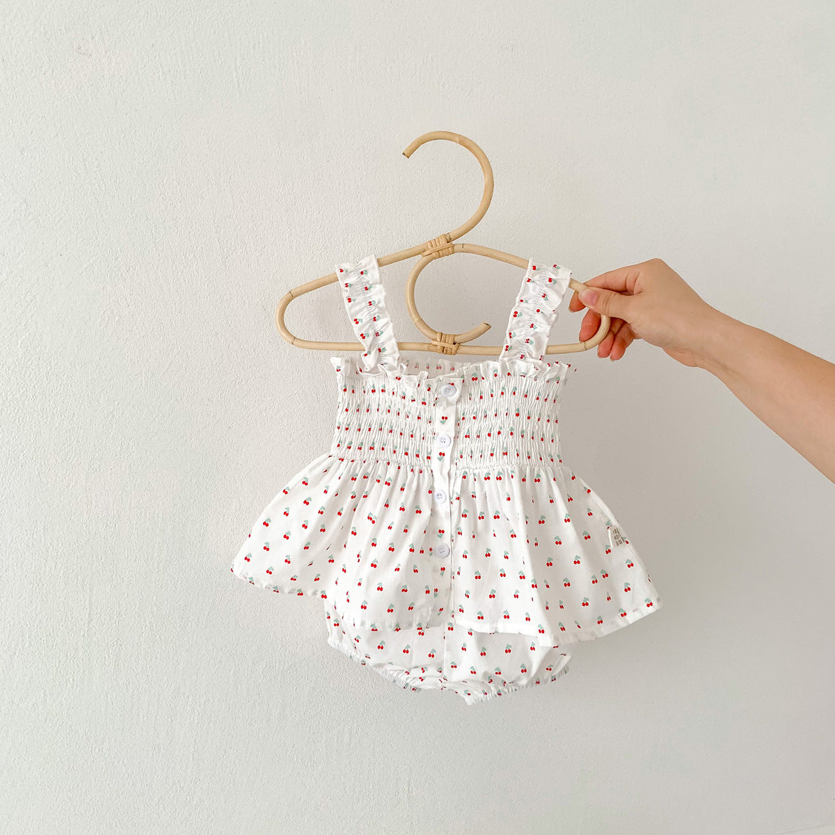 A girl's summer thin cherry heart printed suspender set baby girl doll shirt for outdoor wear - Mixbatch