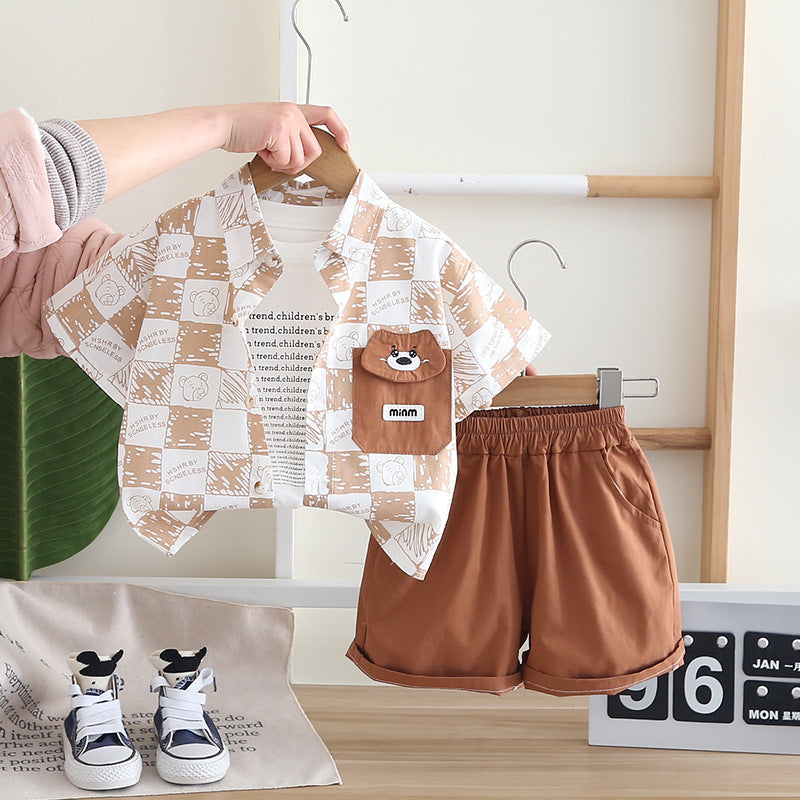 A summer new boys thin plaid pocket bear shirt short sleeve three-piece set baby summer clothes summer clothes