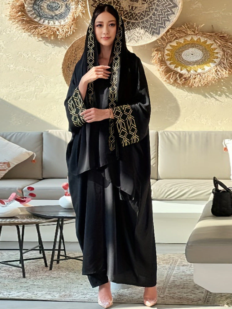 New women's Muslim clothing temperament elegant cardigan robe bat sleeve gold thread embroidered headscarf - Mixbatch