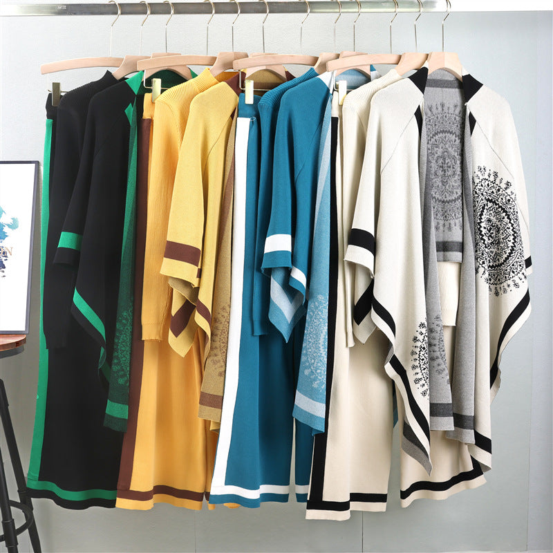 A long-sleeved knitted sweater + shawl + pants three-piece set