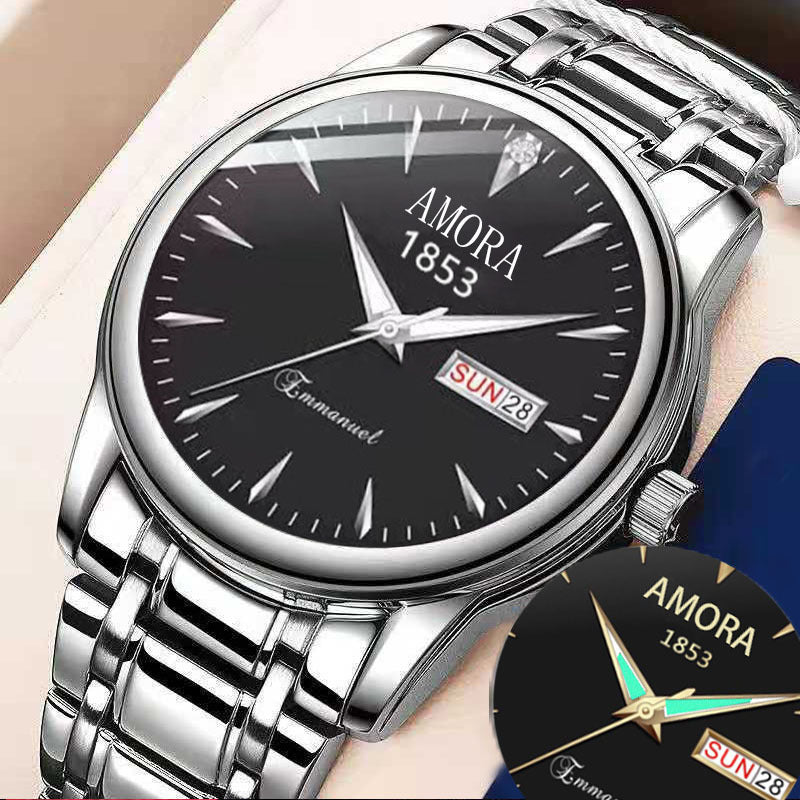 A new quartz watch men's double calendar automatic waterproof luminous business steel belt watch