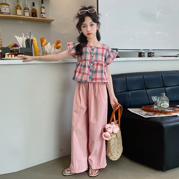 A girls plaid texture solid color set is on the shelves in stock, pink Korean pants set, foreign gas cotton women