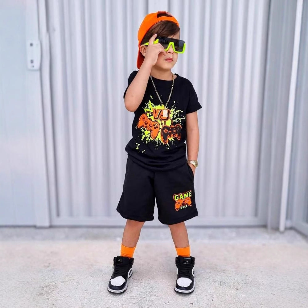 A European, American and foreign trade Amazon summer new hot-selling gamepad printed children's clothing set short-sleeved T-shirt shorts