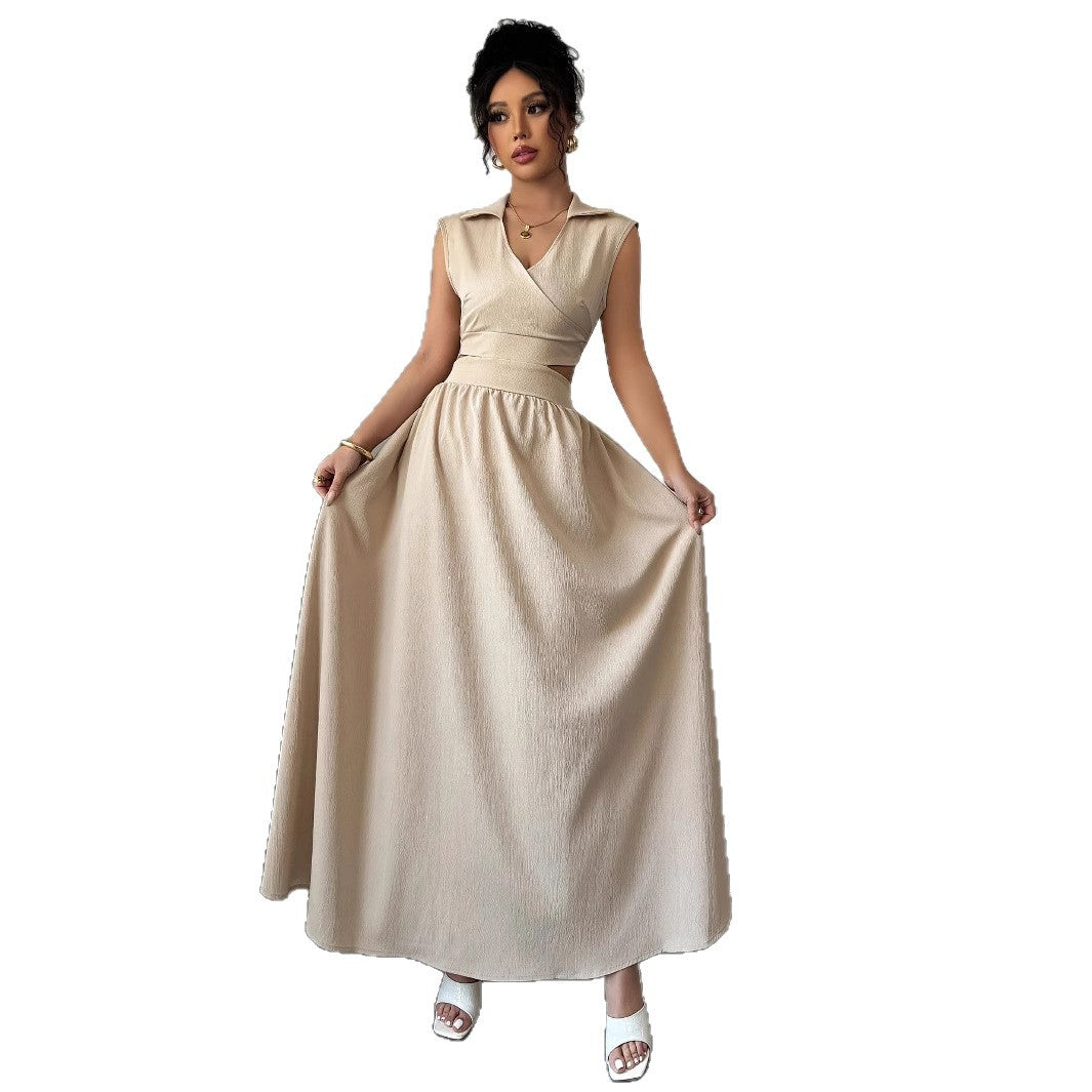 A sleeveless V-neck dress