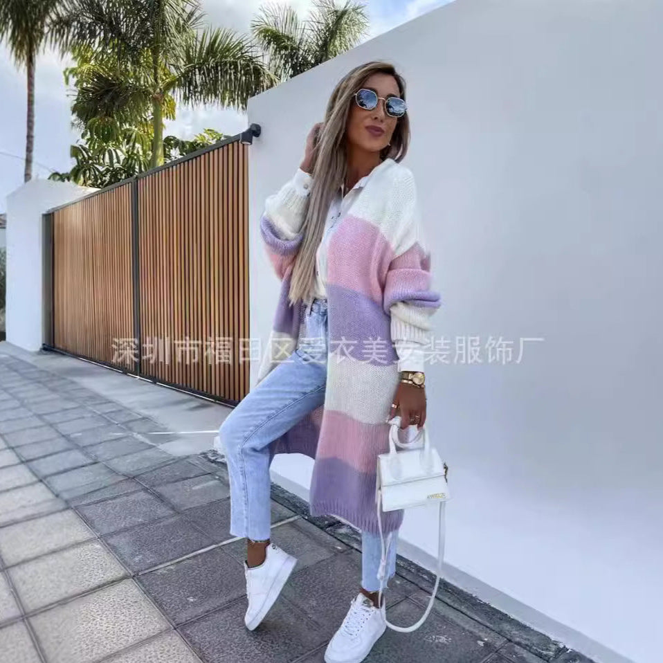 A multi-colored striped sweater loose long knitted cardigan jacket