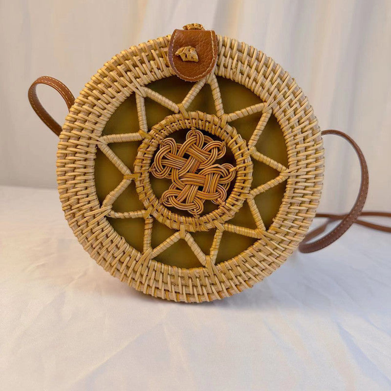 A rattan bag ins diagonal span mini bag Mori basket retro literary woven round bag vacation bucket bag leather buckle bag