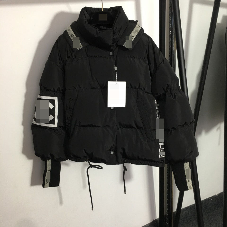 A Xiaoxiang logo embroidered letter webbing splicing fashionable loose long-sleeved hooded cotton jacket