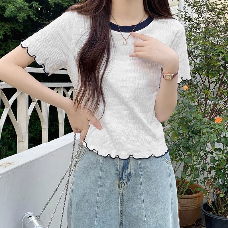 A apricot round neck fungus edge short-sleeved t-shirt women's summer short design sense niche foreign style European t-shirt top - Mixbatch