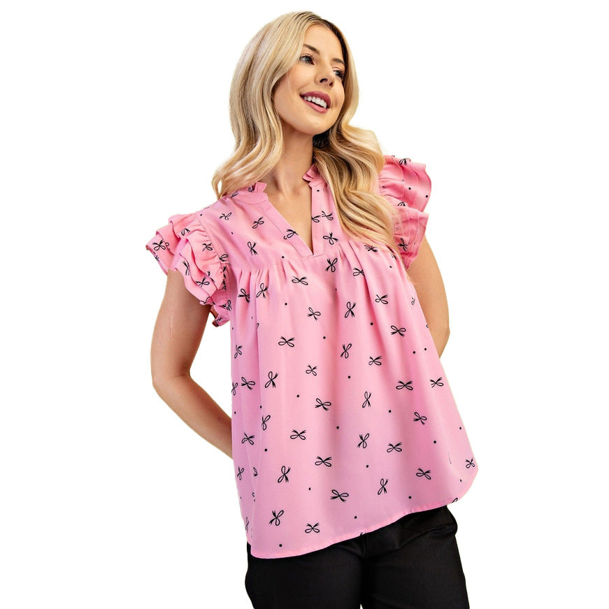 Europe, America, cross-border Amazon independent station 2025 summer new V-neck multi-layer lotus leaf sleeve sweet printed women's shirt - Mixbatch
