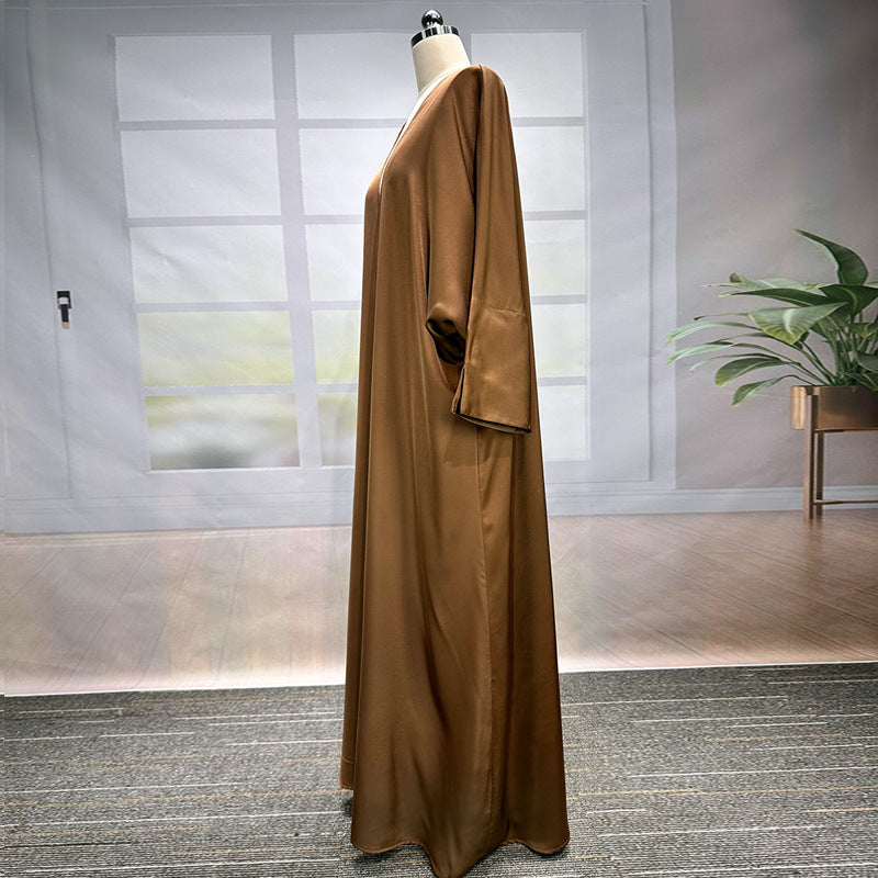 New Middle Eastern Muslim Fashion Elegant Cardigan Satin Dress Robe - Mixbatch