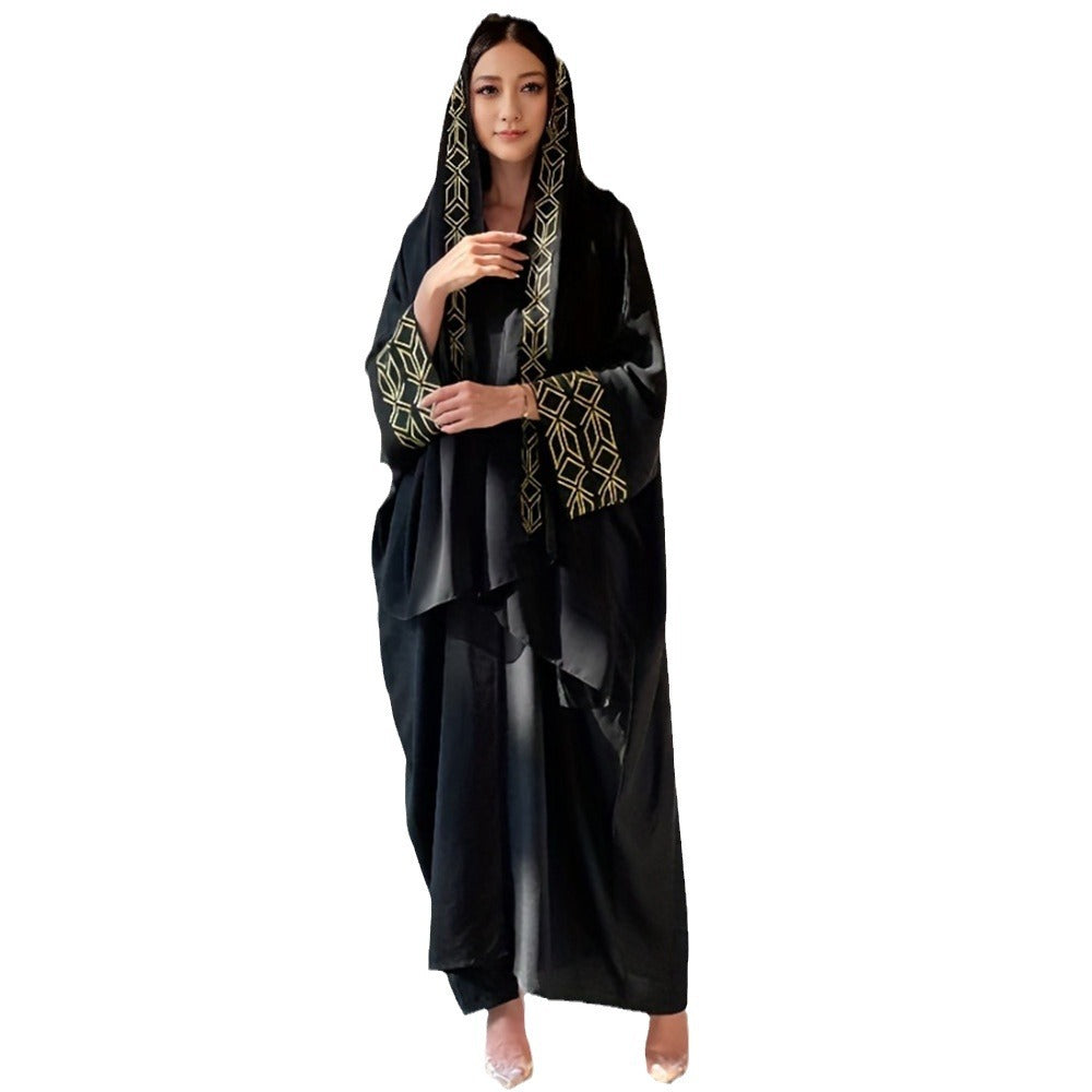New women's Muslim clothing temperament elegant cardigan robe bat sleeve gold thread embroidered headscarf - Mixbatch
