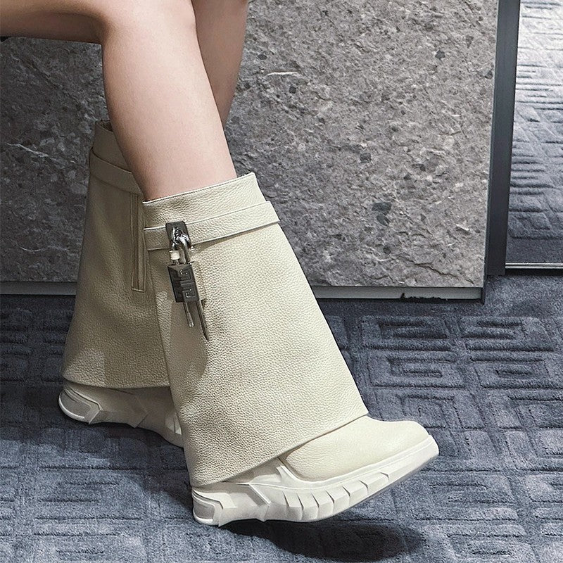 A inner height-increasing short boots for women, thick-soled metal lock trouser tube boots for women