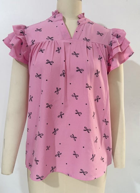 Europe, America, cross-border Amazon independent station 2025 summer new V-neck multi-layer lotus leaf sleeve sweet printed women's shirt - Mixbatch