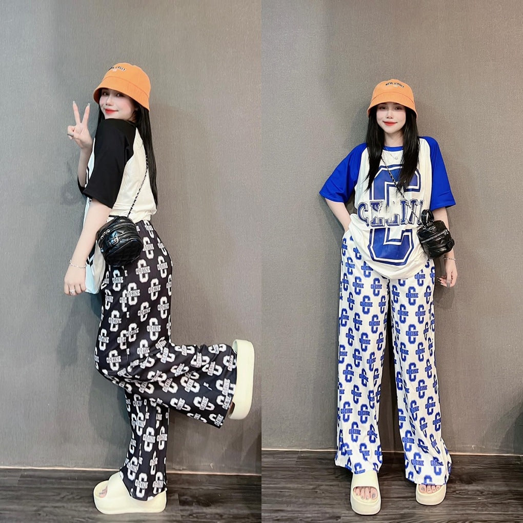 A Thai fashion suit women's summer new loose contrasting color short-sleeved wide-leg pants casual Hong Kong style age reduction two-piece set