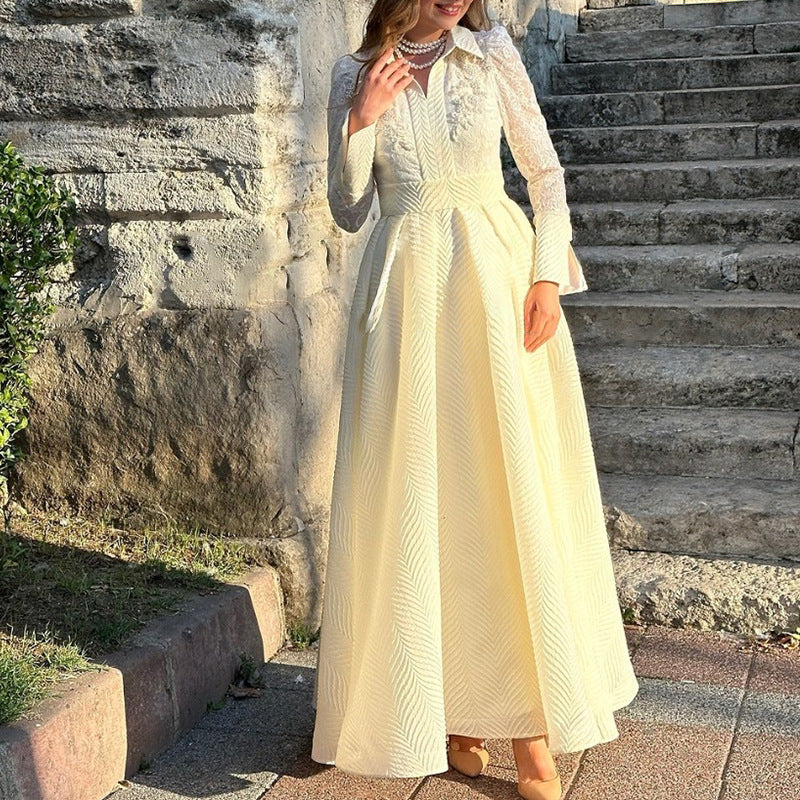 A European and American white chest beaded lace yarn French retro long-sleeved slim dress