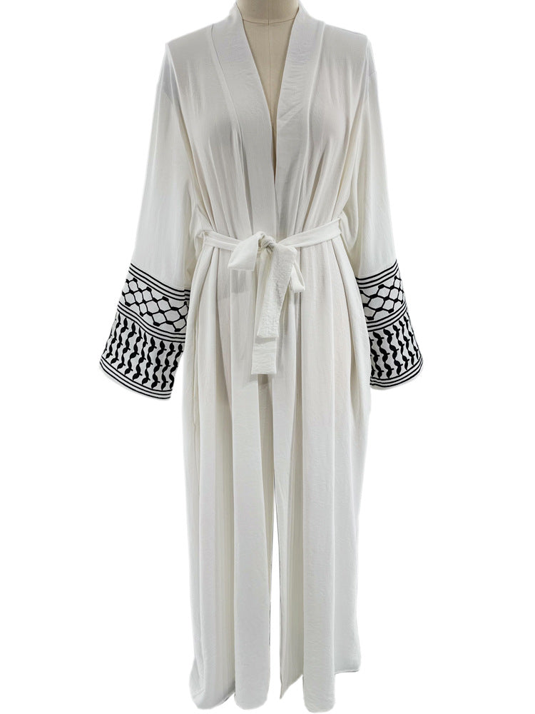 Embroidered Middle Eastern Muslim Clothing Fashion Elegant Pocket Cardigan Lace-Up Dress Robe - Mixbatch