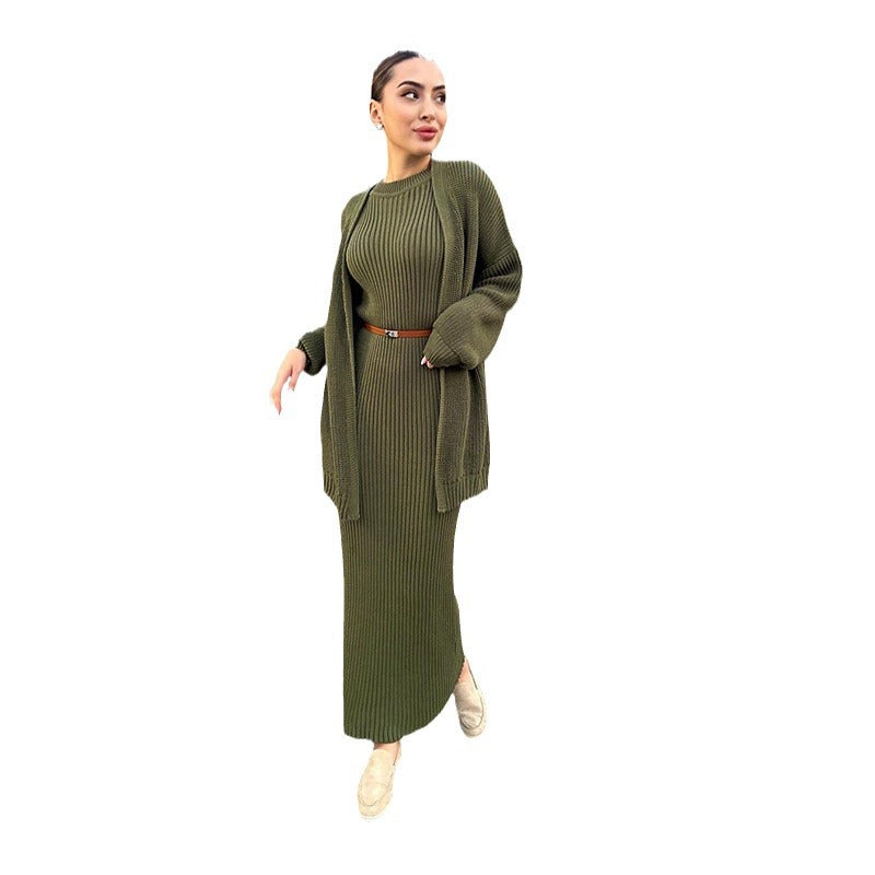 A knitted jacket skirt set with belt