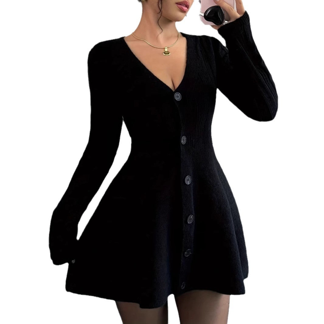 Black V-Neck Long Sleeve Button Knitted Dress Women - Mixbatch