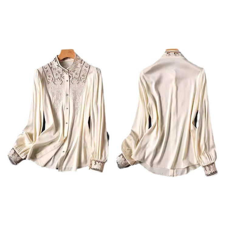 D-grade luxury style simulation silk 10,000 needles hollow embroidered shirt women's