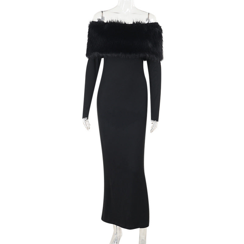 New long dress, fashionable style, elegant one-word shoulder fur collar slim dress - Mixbatch
