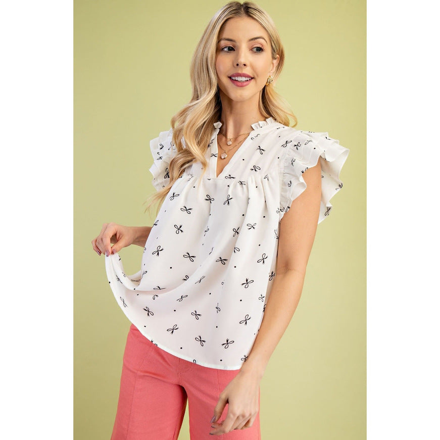 Europe, America, cross-border Amazon independent station 2025 summer new V-neck multi-layer lotus leaf sleeve sweet printed women's shirt - Mixbatch