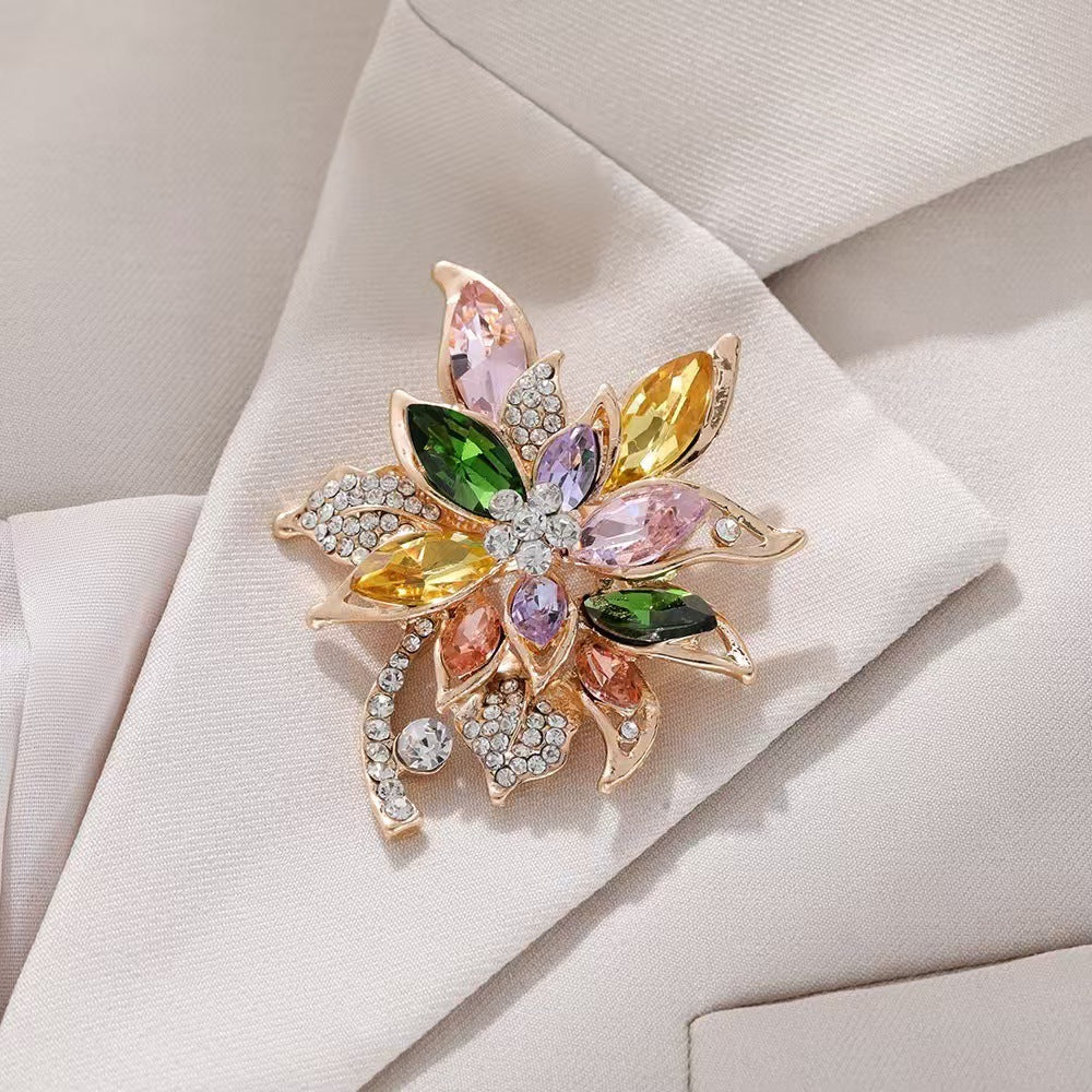 A color zirconium hibiscus brooch high-end femininity crystal brooch coat retro exquisite luxury pin accessories gift - Mixbatch