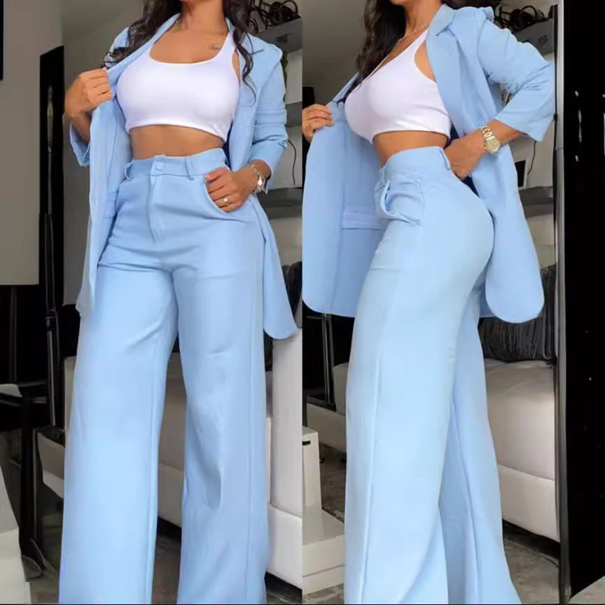 A women's temperament elegant solid color split sleeve lapel suit pocket straight pants suit