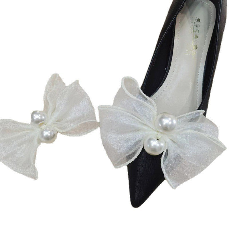 A mesh pearl bow women's shoes flower decoration rhinestone shoe buckle ribbon accessories buckle Shoe accessories - Mixbatch