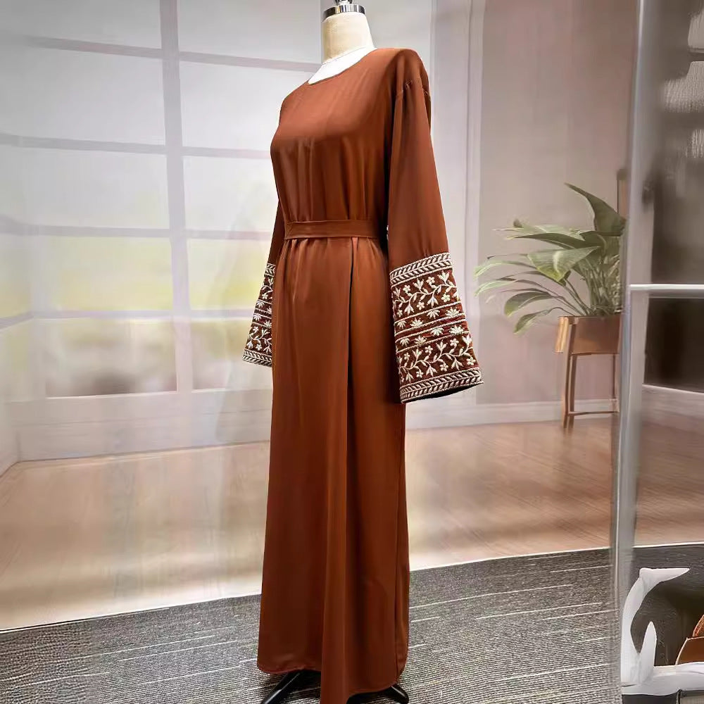 Middle Eastern Muslim Fashion Elegant Cardigan Embroidered Belt Dress Pocket Robe - Mixbatch