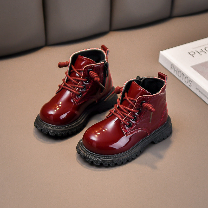 A Children's Martin Boots Patent Leather Short Boots Girls' Boots Boys' Children's Leather Boots Foreign Trade Soft Sole Single Boots Thickened Warm