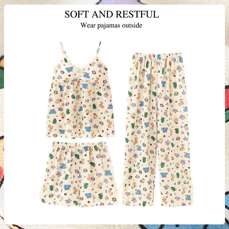 A pajamas women's summer suspenders shorts trousers three-piece set bubble cotton loungewear - Mixbatch