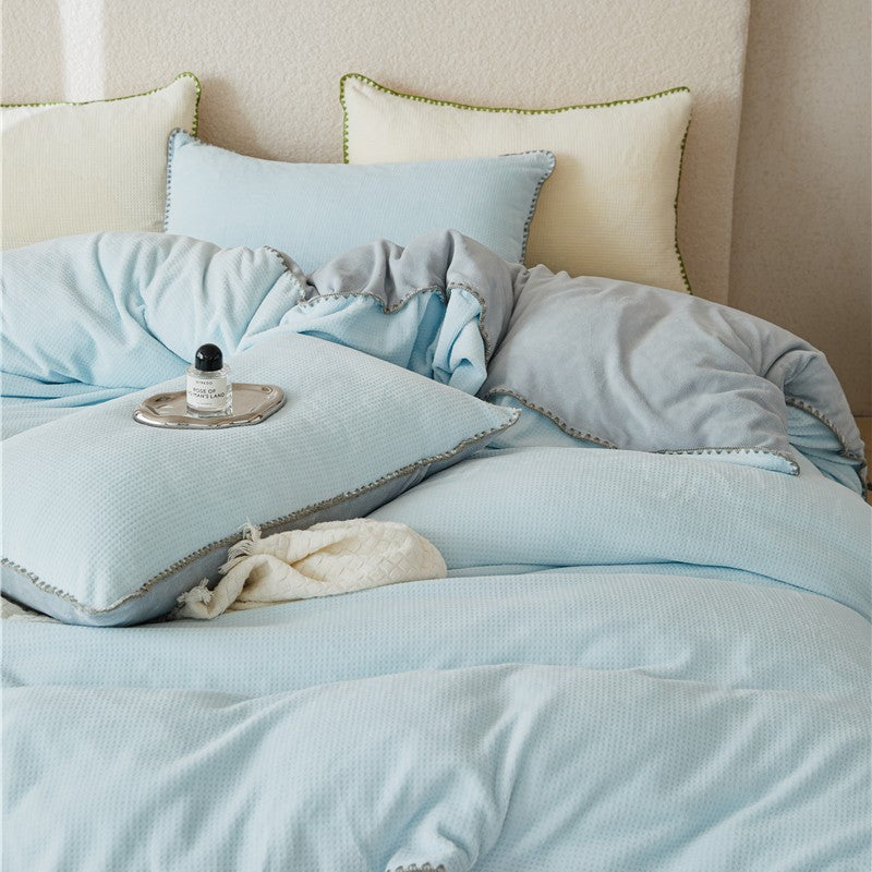 Winter Waffle Carved Flower Cow Milk Plush Thickened Bedding Set of Four Pieces with Double sided Velvet Warmth Quilt Cover and Fitted Bedding 4 1.0kg - Mixbatch