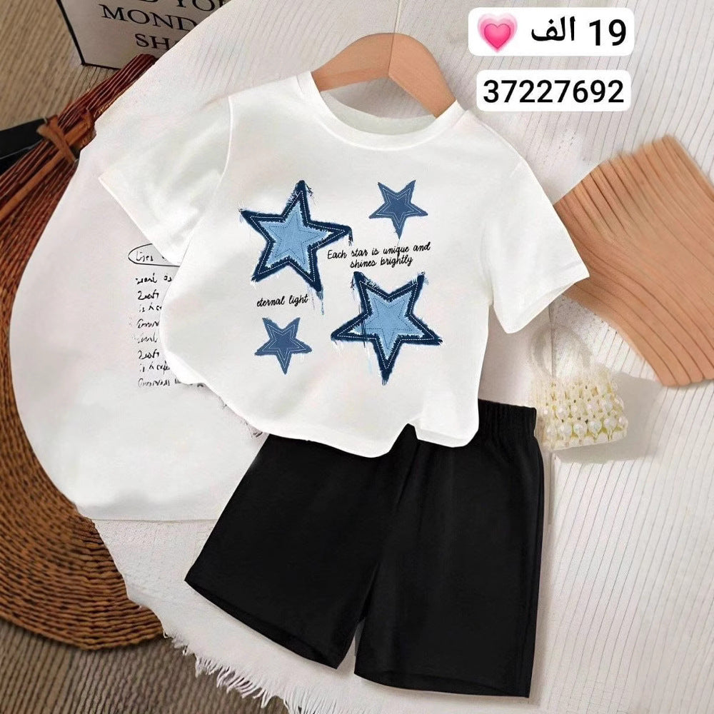 A Children's cute cartoon pattern printing set boys and girls short-sleeved T-shirt + shorts