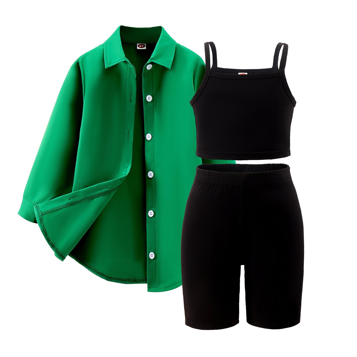A foreign trade Europe, America, spring and autumn new girls' suit medium and small children's solid color suspender + five-point pants + long-sleeved jacket three-piece set