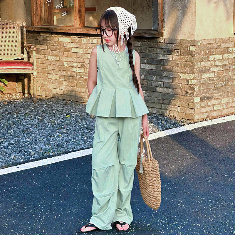 A year summer new suit middle and older children sleeveless thin vest Korean version top wide leg pants