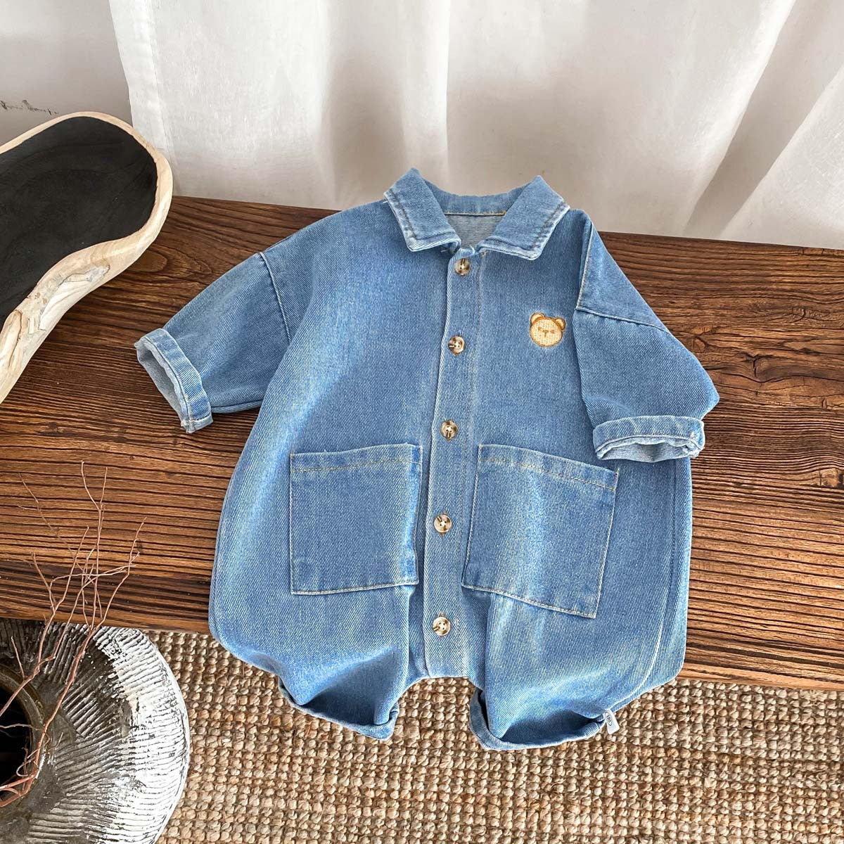 A baby spring and autumn denim jumpsuit for boys and girls, cartoon teddy bear with open buckle, long crawling clothes for newborns - Mixbatch