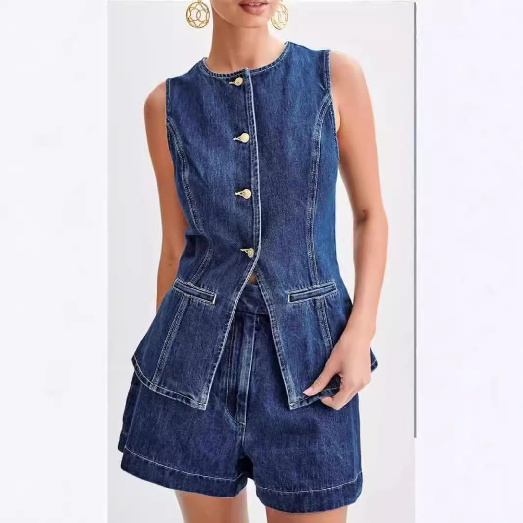 Summer Fashion Sleeveless Casual High Waist Denim Shorts Set - Mixbatch