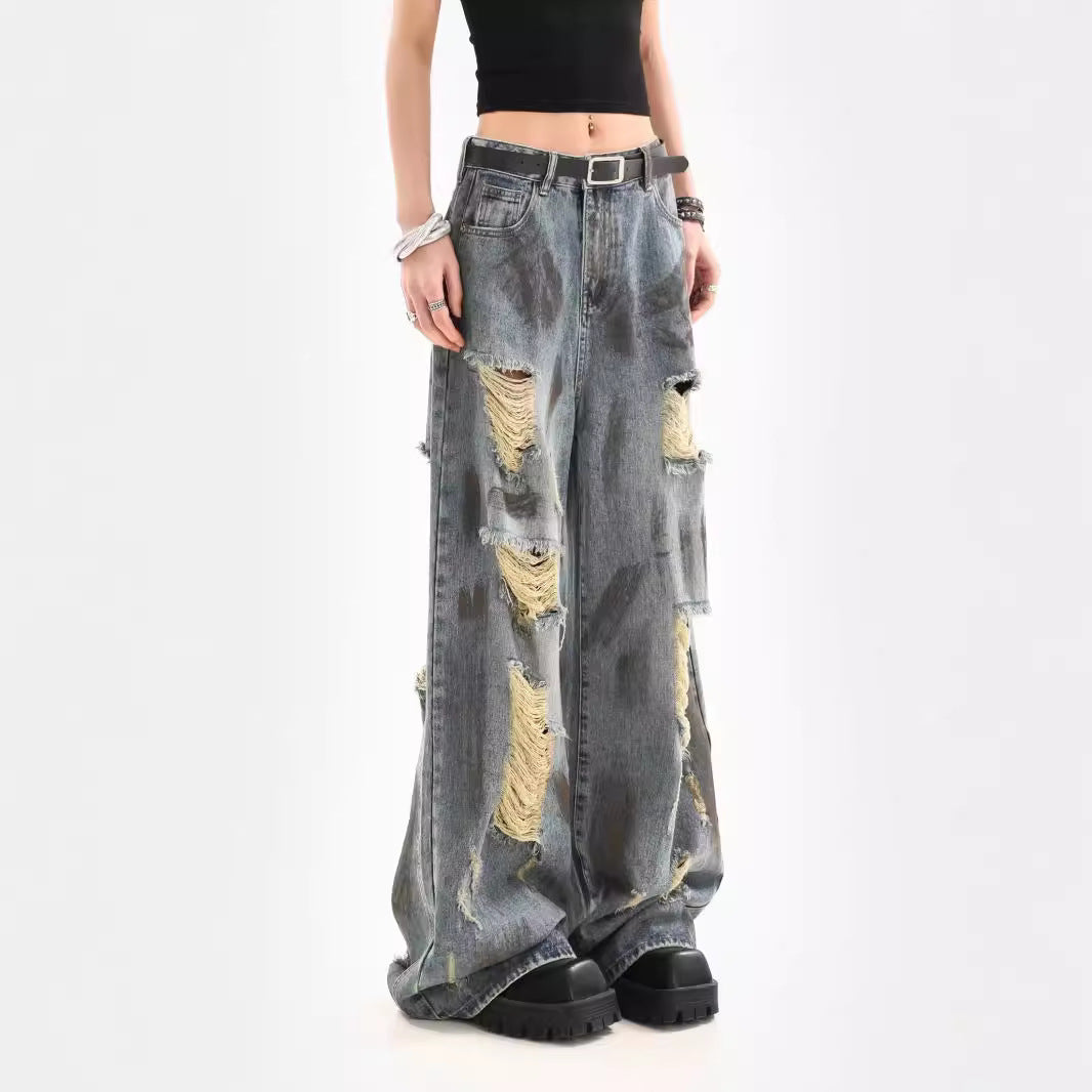 A old retro ripped jeans women's summer new American loose drape wide leg pants tide
