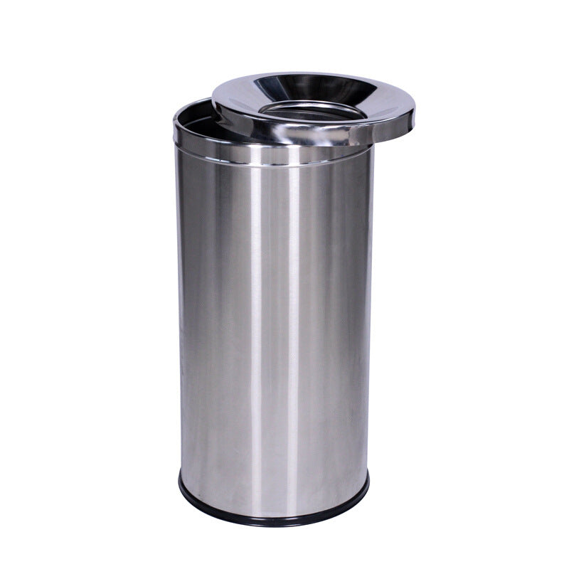 A stainless steel trash can
