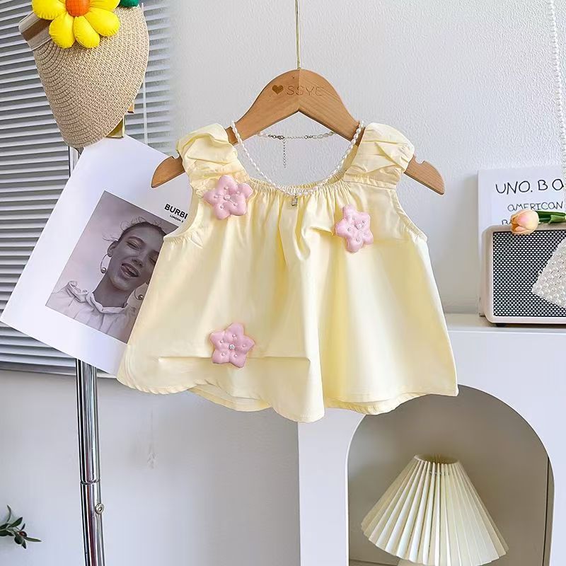 A Bubble pants girls three-dimensional bud set summer new cute sleeveless top shorts two-piece set