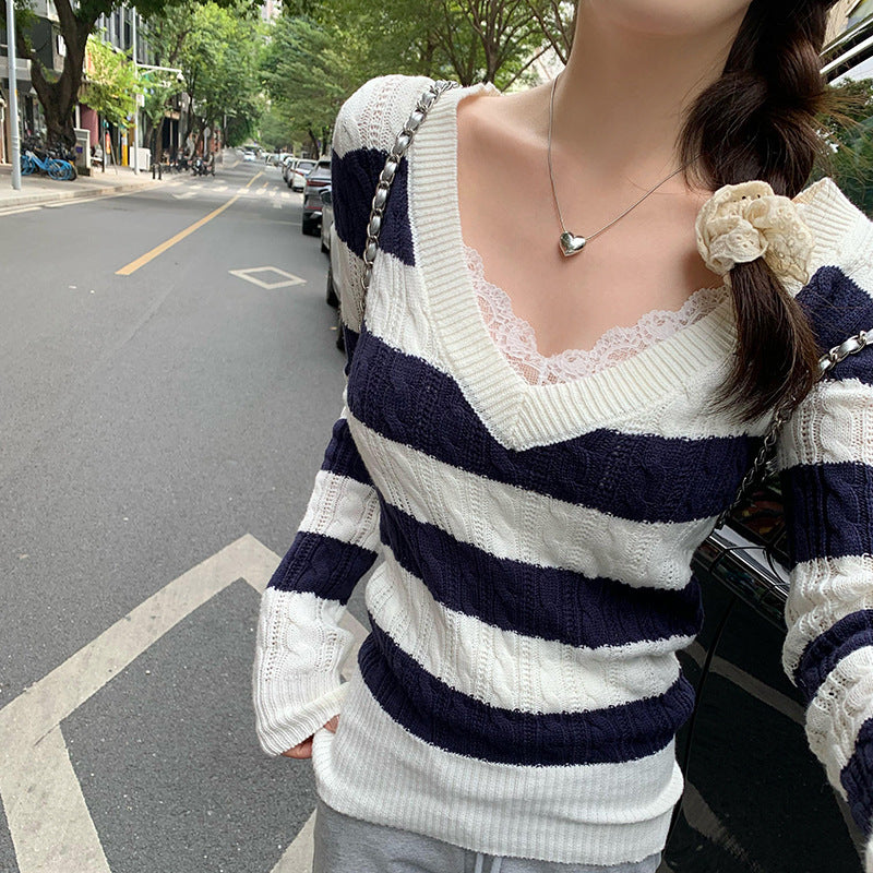 A twist texture sweater V-neck knitted bottoming shirt for women's autumn and winter new models
